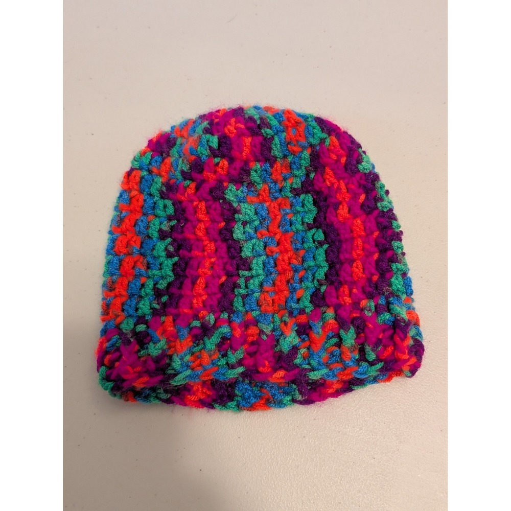 Handmade Crochet Beanie Kids Multi Color Neon Pink Purple Blue Striped Knit Hat